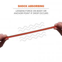 Shock absorbing: lessens force on body or anchor point if drop occurs. Image shows detailing on lanyard. 