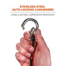 Stainless-steel auto-locking carabiner: long-lasting, corrosion resistant. Image shows person opening carabiner with hand. 