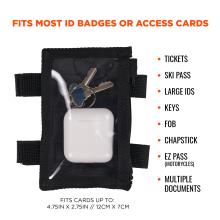 Fits most id badges, access cards and small items: tickets ski pass, large ids, keys, fob, chapstick, Ez pass (motorcycles), multiple documents. Fits cards up to 4.75 inches by 2.75 inches or 12 cm by 7cm 