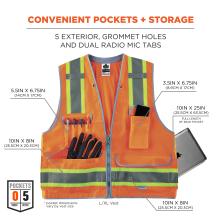 Convenient pockets and storage: 5 exterior pockets: upper left pocket measues 5.5in by 6.75in (14cm by 17cm), lower left pocket measures 10in by 8in (25.5cm by 20.3cm) upper right pocket measures 3.5in by 6.75in (8.9cm by 17cm), lower right pocket measures 10in by 8in (25.5cm by 20.3cm), and back pocket measures 10in by 25in (25.5cm by 63.5cm). Also has grommet holes and dual radio mic tabs. Pocket dimensions vary by vest size, vest measured is size large.