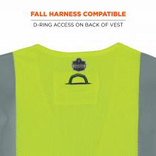 Fall harness compatible: d-ring access on back of vest.