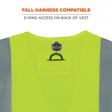 Fall harness compatible: d-ring access on back of vest. Image shows vest detail