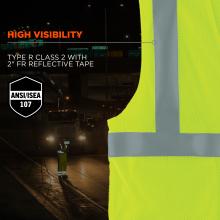 High visibility: type r class 2 with 2” FR reflective tape. hi-vis compliance: meets ansi/isea 107-2020 standards. Image shows vest detail and reflective tape on construction workers glowing at night
