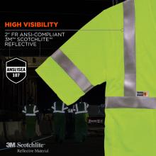 High visibility: 2” FR ansi/isea 107 compliant 3M Scotchlite reflective. Icon at bottom says 3M Scotchlite Reflective Material. 