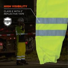 High visibility: Class E with 2 inch reflective tape. ANSI/ISEA 107 compliant
