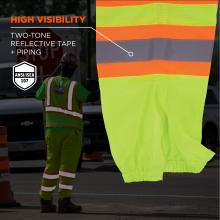 High visibility: Class E with 2 inch reflective tape. ANSI/ISEA 107