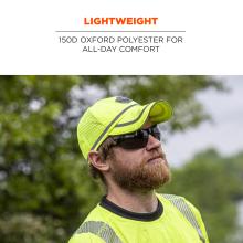 Lightweight: 150D Oxford polyester for all-day comfort. Image is person wearing a hat .