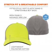 Stretch fit and breathable comfort. Fitted style, soft elastic band is stretchable but snug. Mesh panels maximize airflow. Lightweight polyester cotton.