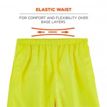 Elastic waist: for comfort and flexibility over base layers. Arrows show flexibility. 