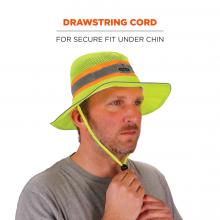 Drawstring cord: for secure fit under chin. Image shows model adjusting cord. 
