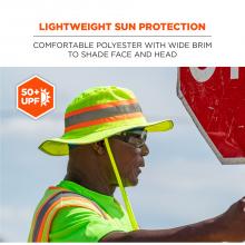 Lightweight sun protection: comfortable polyester with wide brim to shade face and neck.