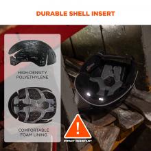 Durable shell insert. Graphics on right say “high-density polyethylene” and “impact-resistant foam + fabric liner”. Icon says “impact resistant” 