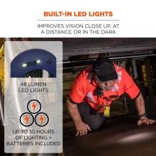 Built-in LED lights: improves vision close up, at a distance or in the dark. Graphics on left say “48 lumen LED lights” and “up to 30 hours of lighting + batteries included” 