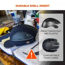 Durable shel insert. Graphics on right say “impact-resistant ABS plastic” and “comfortable foam lining”. Icon on bottom says “impact resistant”