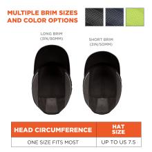 Multiple brim sizes and color options. Hat on left says “long brim, 3in/80mm)” and hat on right says “short brim, 2in/50mm”. Size chart on bottom says “hat size: up to 7/1 (23.3in // 59.7cm). Swatches on bottom right for black, navy, lime. 