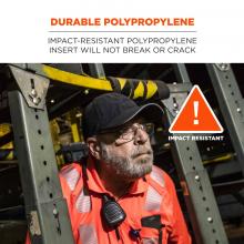 Durable polypropylene: impact-resistant polypropylene insert will not break or crack. Icon says “! Impact resistant!” 