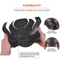 Flexible fit for wide range of heads. Flexible front panel, flexible rear wings, and foam protection layer reduces impact without absorbing odors
