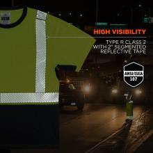 High visibility: type r class 2 with 2” segmented reflective tape. Meets ANSI/ISEA 107 standard. Image shows shirt detail and reflective tape on construction workers glowing at night
