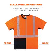 Black paneling on front: hides sweat, dirt and dust for long lasting wear. Image shows back of shirt vs front. 