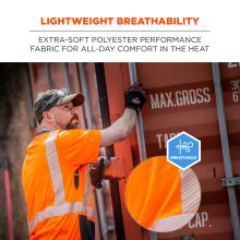 Lightweight breathability: extra-soft polyester performance fabric for all-day comfort in the heat. Image shows worker in shirt. Circles show detail of fabric with icon that says “breathable”. 