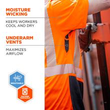 Moisture-wicking: keeps workers cool and dry. Under arm vents: maximizes airflow. Image shows worker in shirt with arm lifted up. Icons on the bottom read “breathable” and “machine washable”.