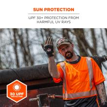 Sun protection: UPF 30+ protection from harmful UV rays. Icon says “30 UPF Protection” and image shows worker outside shirt. 