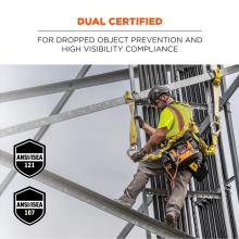 dual certified: for dropped object prevention and high visibility compliance. ANSI/ISEA 121 and ANSI/ISEA