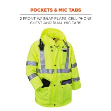 Pockets & mic tab: 2 front w/snap flaps, cell phone chest and dual mic tab