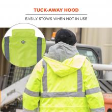 Tuck-away hood: easy stows when not in use. Image shows jacket with and without hood attached. 