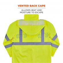 Vented back cape: allows heat and moisture to escape. Image shows vents