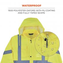 Waterproof: 150D polyester Oxford with PU coating and fully taped seams. Image shows detail of waterproof material. 