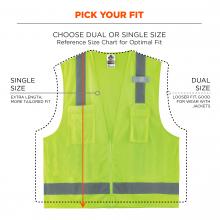 Pick your fit: choose dual or single size. Reference size chart for optimal fit. Single size: extra length, more tailored fit. Dual size: looser fit, good for wear with jackets. Image shows different between single size and dual size. 