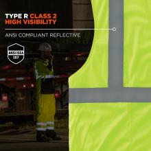 High visibility: type r class 2 with 2” reflective tape. Meets ANSI/ISEA 107 standards. Image shows shirt detail and reflective tape on construction workers glowing at night