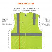 Pick your fit: Choose dual or single size. Reference size chart for optimal fit. Image shows vest with an outline indicating the dual size. Single size: extra length, more tailored fit vs. Dual size: looser fit, good for wear with jackets. 
