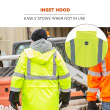 Inset hood: easily stows when not in use. Image shows jacket with hood attached vs not attached. 