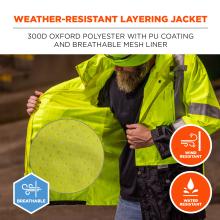 Weather-resistant layering jacket: 300D Oxford polyester with PU coating and breathable mesh liner. Breathable, wind resistant, water repellant.