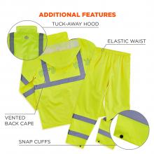 Additional features. Tuck-away hood, elastic waist, vented back cape, snap cuffs.