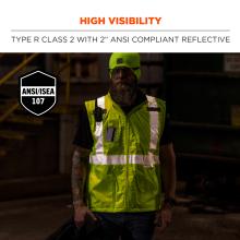 High visibility: type r class 2 with 2” ANSI/ISEA 107 compliant reflective.