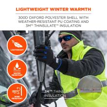 Lightweight winter warmth: 300D Oxford polyester shell with weather-resistant PU coating and 3M Thinsulate insulation. Lightweight. Water resistant. Wind resistant.