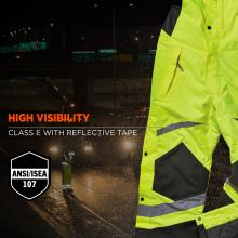 High visibility: Class E with reflective tape. ANSI/ISEA 107 Compliant