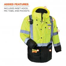 Added features: includes inset hood, mic tabs and pockets. Circle on image indicate features