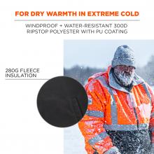 For dry warmth in extreme cold: windproof + water-resistant 300D ripstop polyester with PU coating. Image shows detail of 280G fleece insulation. Image shows man in jacket covered in snow. 