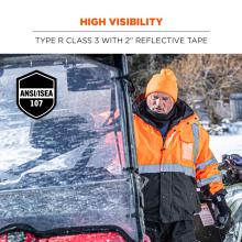 High visibility: Type R Class 3 with 2” reflective tape.  ANSI/ISEA 107 compliant. Image is man in jacket .