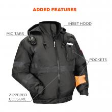 Added features. Mic tabs, inset hood, zippered closer, pockets.