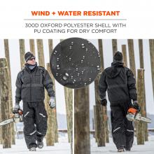 Wind + water resistant: 300D Oxford polyester shell with PU coating for dry comfort. Image shows detail of water repelling on fabric.