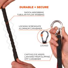 Durable and secure: shock-absorbing tubular nylon webbing, locking screwgate aluminum carabiner, and captive eye keeps lanyard from slipping off carabiner