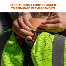 safety hook and loop detaches in emergencies. Image shows detail of breakaway feature