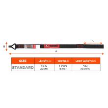 Standard size features a length of 24 inches or 61 cm, a width of 1.25 inches or 3.2 cm, and a loop length of 5 inches or 12.7 cm.