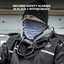 Secures safety glasses in place and within reach