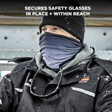 Secures safety glasses in place and within reach